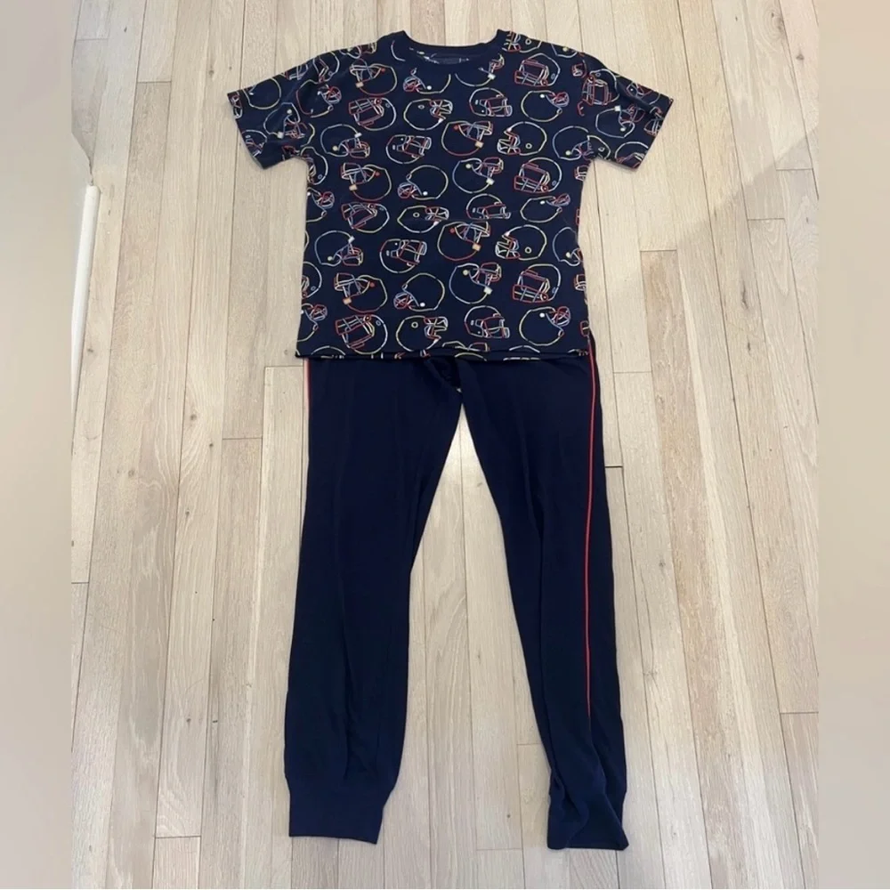 Gap Kids Navy Football 2 Piece Short Sleeve Long Pants Pajama Set Boys Size 14